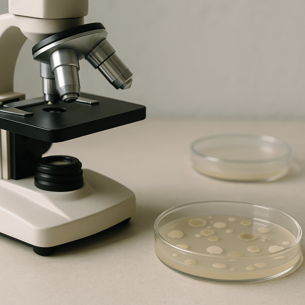 Microscope et boîte de Petri utilisés pour observer une flore microbienne mixte