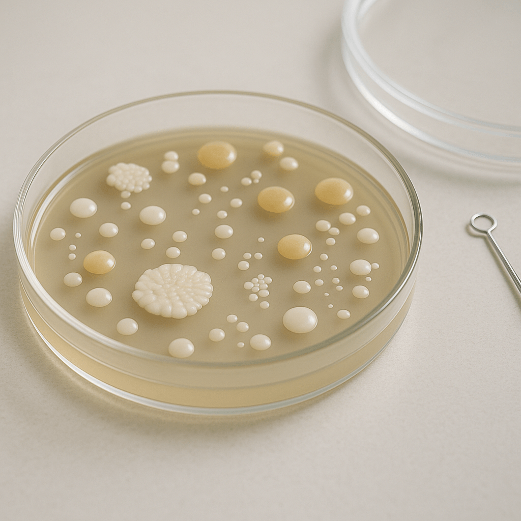 Gros plan d’une boîte de Petri contenant plusieurs types de colonies microbiennes