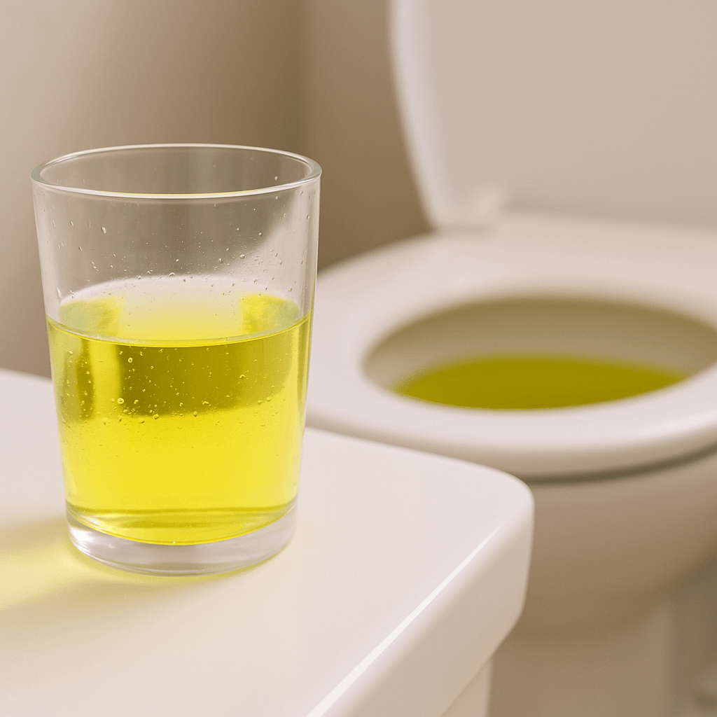 Verre d’eau posé sur un lavabo avec une cuvette aux reflets jaunes en arrière-plan