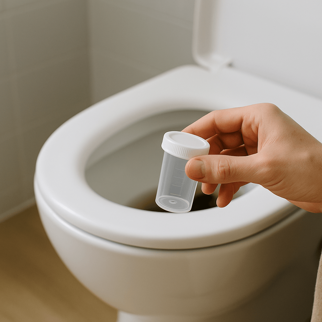 Main observant l’aspect très foncé de selles dans une salle de bains propre