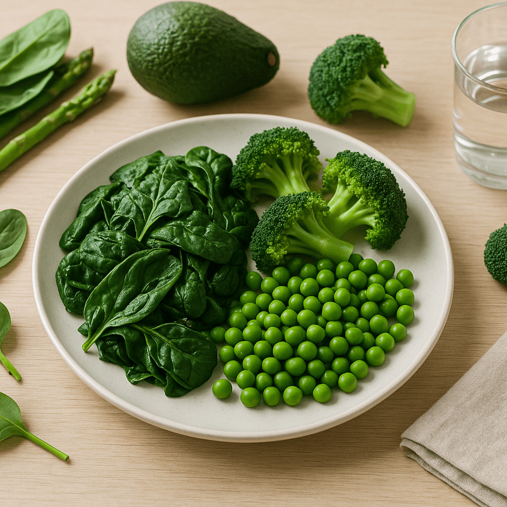 Assiette de légumes verts frais pouvant évoquer une influence alimentaire sur la couleur des selles