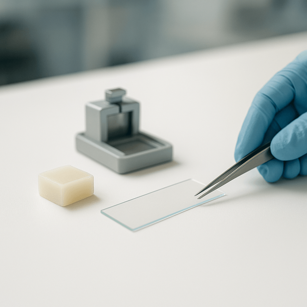 Lame de verre et bloc de paraffine préparés pour l’analyse en laboratoire