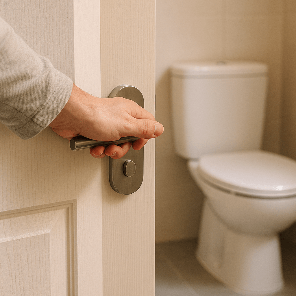 Main ouvrant la porte d’une salle de bains au petit matin