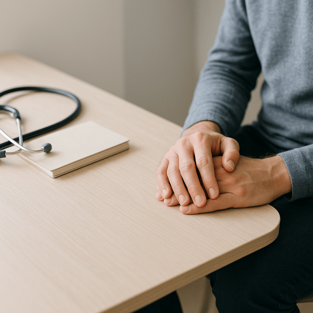 Mains posées dans un cabinet médical face à un stéthoscope et un carnet fermé