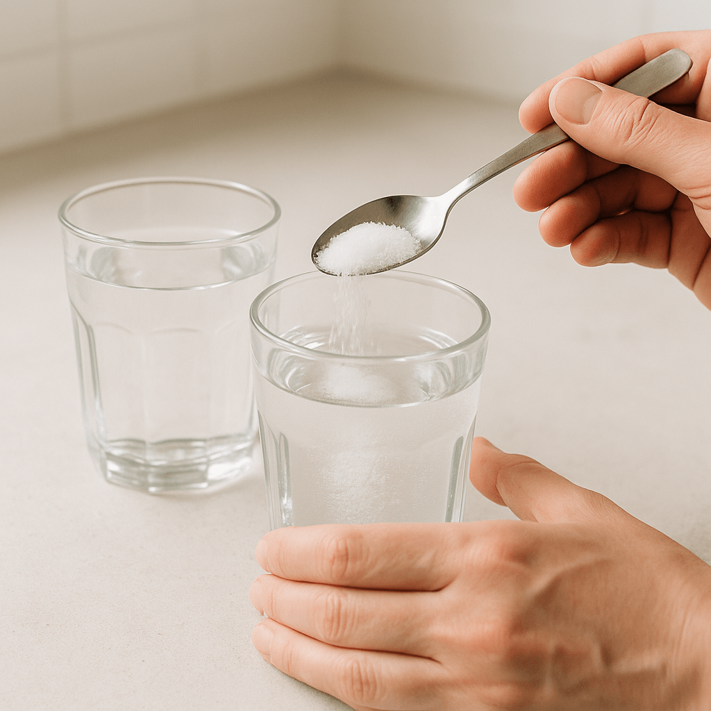 Main versant du sel dans un verre d’eau pour préparer un gargarisme