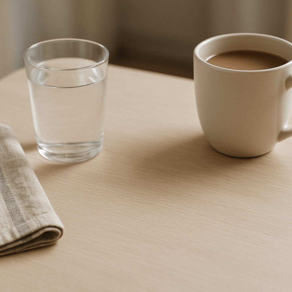 Verre d’eau et tasse chaude disposés sur une table claire dans un intérieur calme