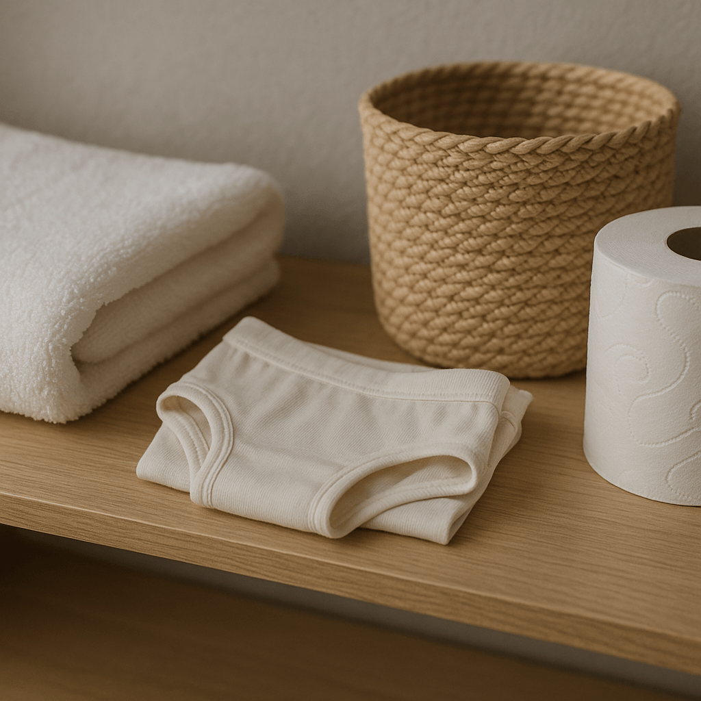 Serviette propre, sous-vêtement en coton plié et corbeille à linge dans une salle de bains
