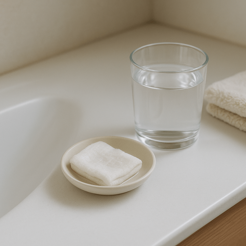 Compresse fraîche, verre d’eau et serviette posés sur un lavabo clair