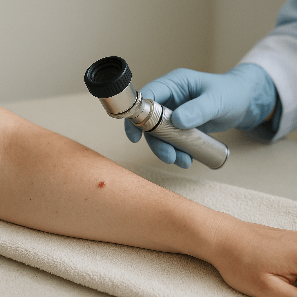 Avant-bras observé avec un dermatoscope lors d’un examen cutané sobre