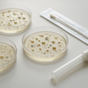 Boîtes de Petri montrant différentes colonies microbiennes sur une paillasse de laboratoire