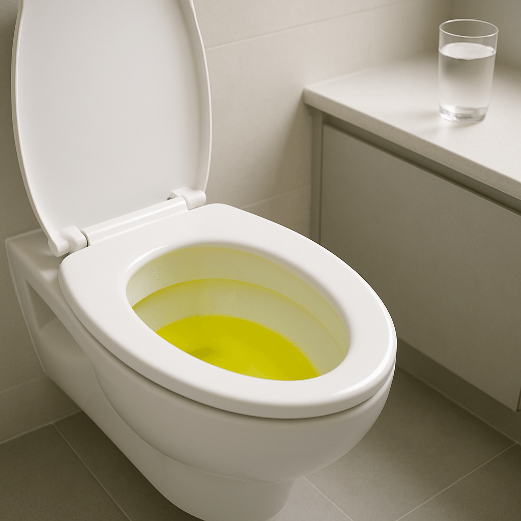 Cuvette blanche contenant une urine jaune fluo dans une salle de bains lumineuse
