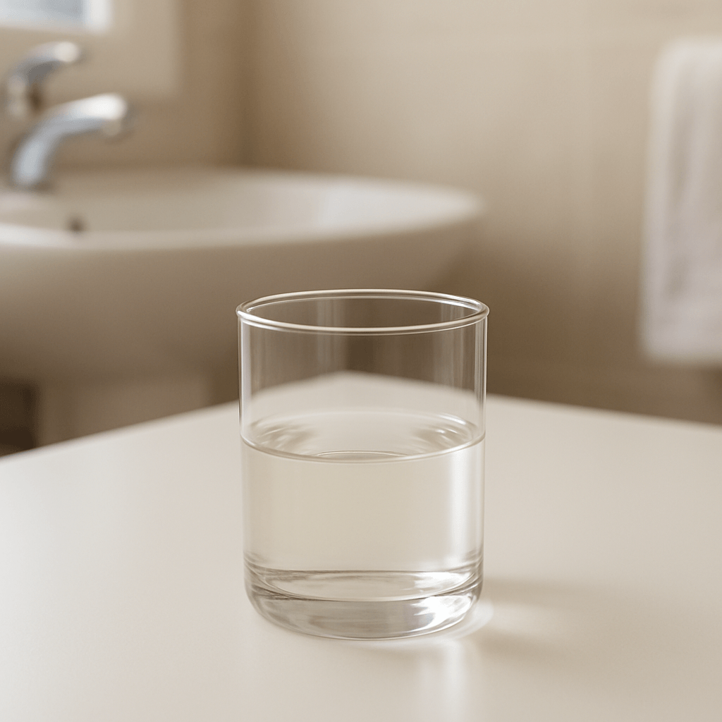 Récipient transparent contenant un liquide presque incolore posé dans une salle de bains lumineuse