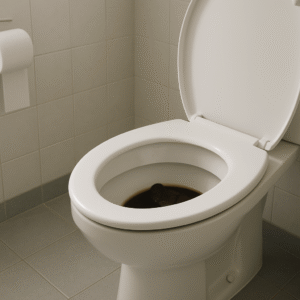 Cuvette de toilettes propre montrant des selles très foncées dans une salle de bains sobre