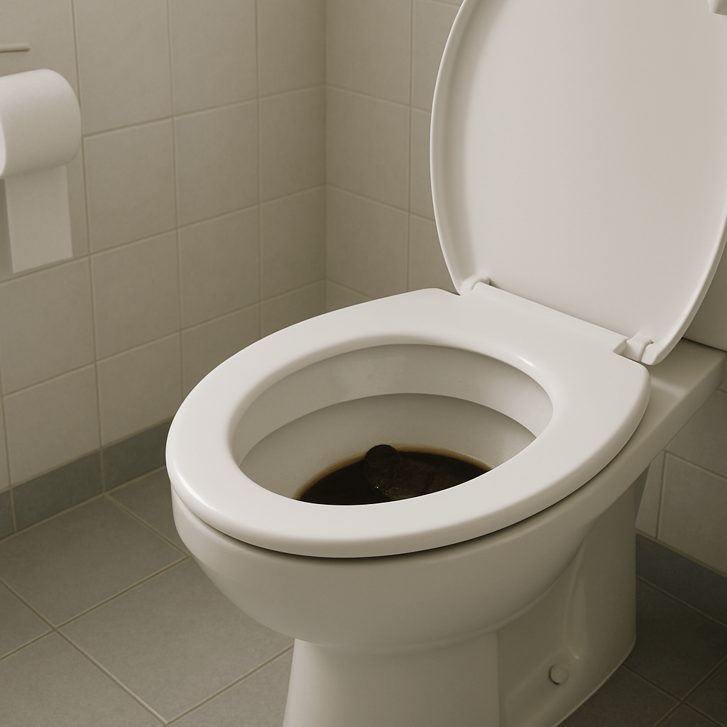 Cuvette de toilettes propre montrant des selles très foncées dans une salle de bains sobre