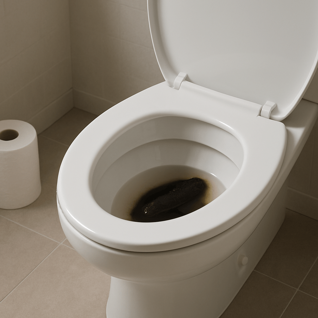 Cuvette de toilettes montrant des selles très foncées dans une salle de bains sobre