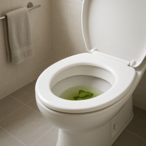Cuvette de toilettes propre contenant des selles vertes dans une salle de bains lumineuse