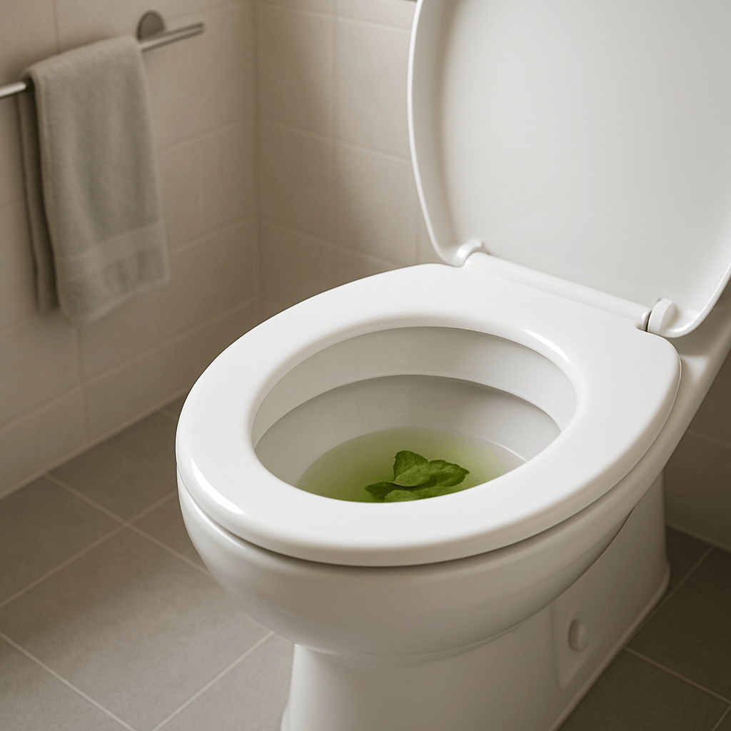 Cuvette de toilettes propre contenant des selles vertes dans une salle de bains lumineuse
