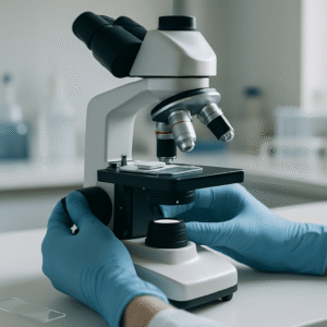 Microscope de laboratoire utilisé pour analyser une lame issue d’une biopsie