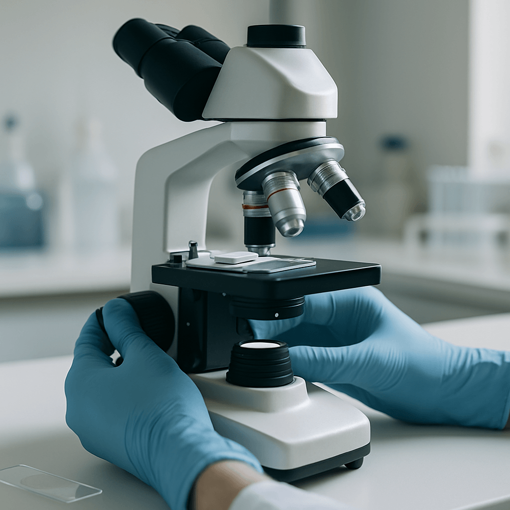 Microscope de laboratoire utilisé pour analyser une lame issue d’une biopsie