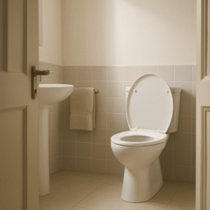 Salle de bains éclairée le matin avec toilettes visibles et porte entrouverte