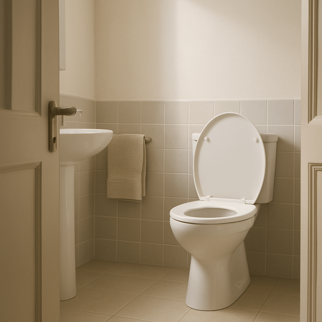 Salle de bains éclairée le matin avec toilettes visibles et porte entrouverte