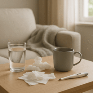 Table domestique avec eau, mouchoirs et thermomètre près d’un fauteuil éclairé naturellement