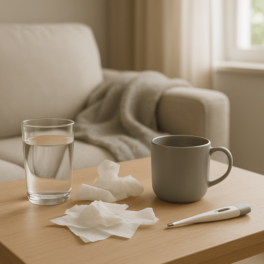Table domestique avec eau, mouchoirs et thermomètre près d’un fauteuil éclairé naturellement