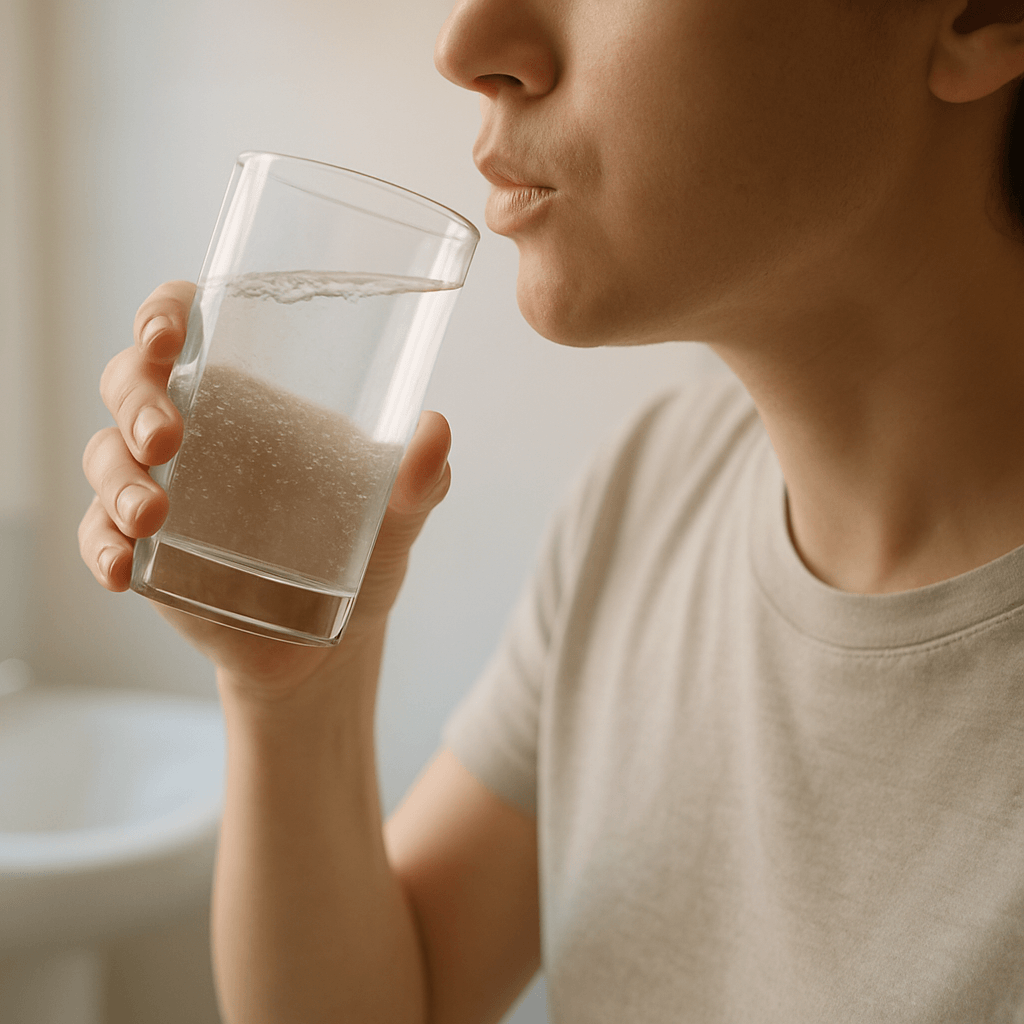 Personne non identifiable réalisant un gargarisme avec un verre d’eau salée dans une salle de bains
