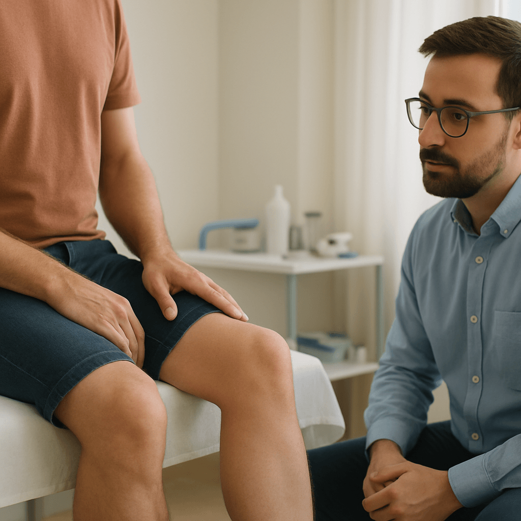 Consultation médicale montrant une jambe découverte sans lésion visible dans un cabinet lumineux