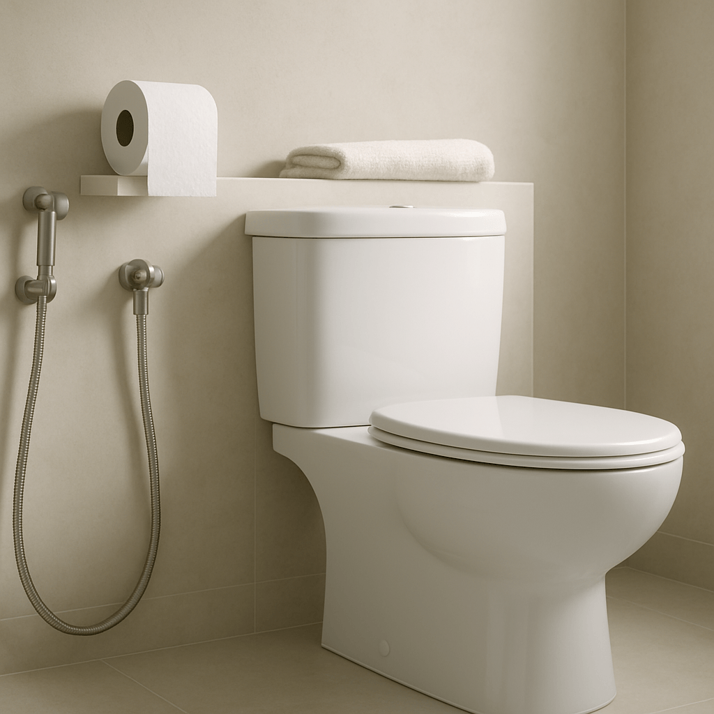 Salle de bains sobre avec douchette hygiénique, serviette blanche et accessoires de toilette discrets