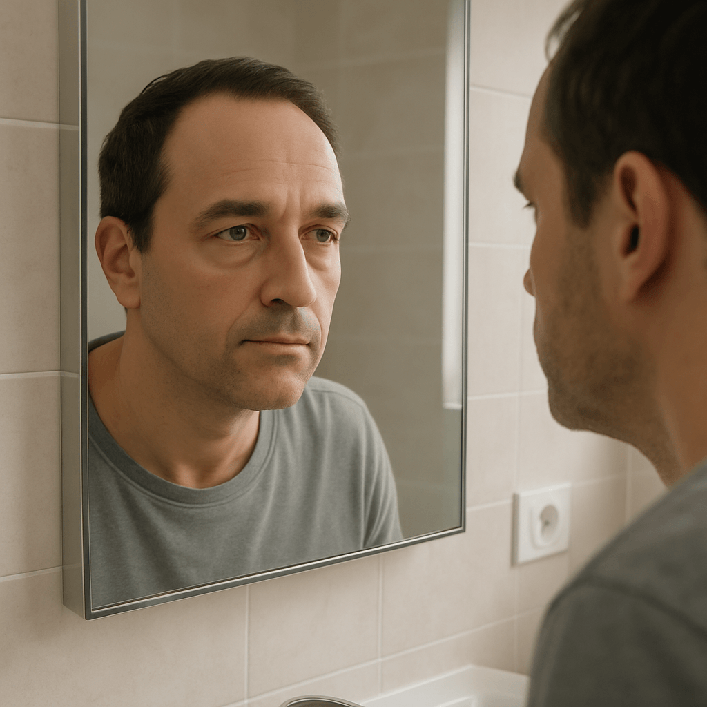 Adulte observant dans un miroir un léger gonflement sous les yeux dans une salle de bains lumineuse