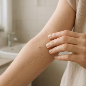 Avant-bras présentant un petit bouton rouge observé dans une salle de bain lumineuse