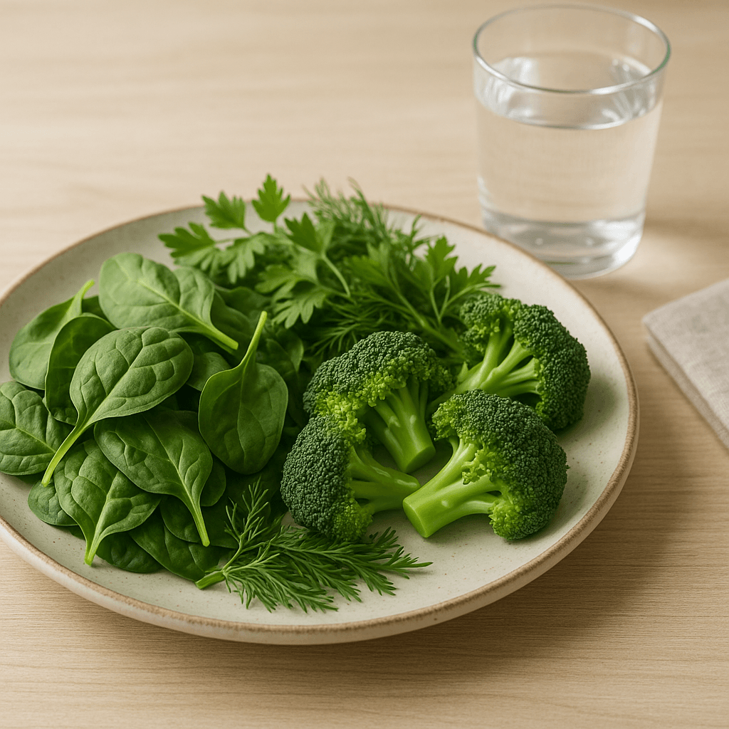 Assiette d’épinards, de brocoli et d’herbes fraîches sur une table claire