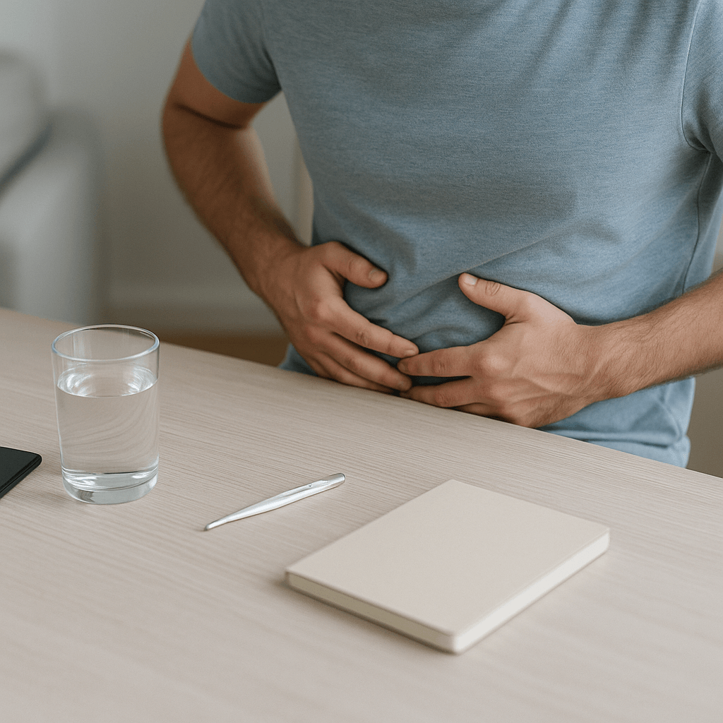 Verre d’eau, thermomètre neutre et téléphone éteint disposés sur une table claire