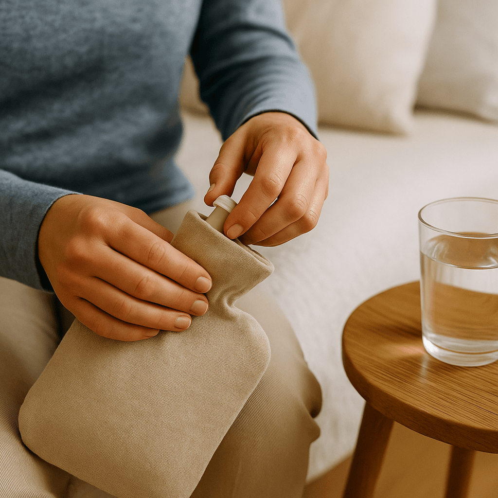 Mains préparant une bouillotte près d’un verre d’eau dans un intérieur calme