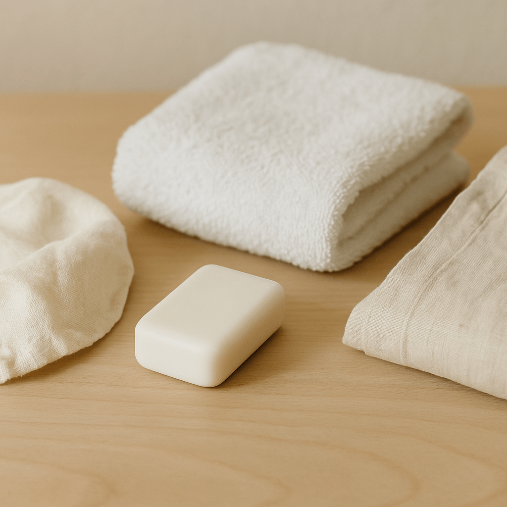 Savon neutre, linge en coton et vêtements propres disposés sur une tablette claire