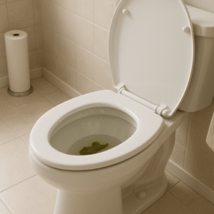 Cuvette de toilettes montrant discrètement des selles aux nuances vert olive et brun-vert