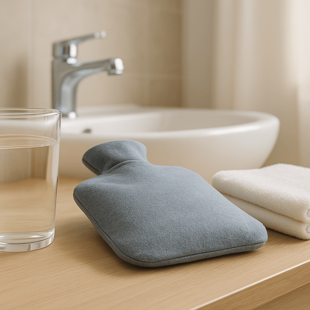 Verre d’eau et bouillotte posés dans une salle de bains lumineuse pour évoquer des mesures de confort