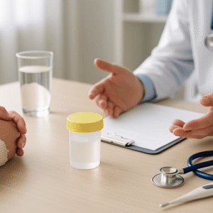 Consultation médicale autour d’un échantillon urinaire neutre et d’un verre d’eau