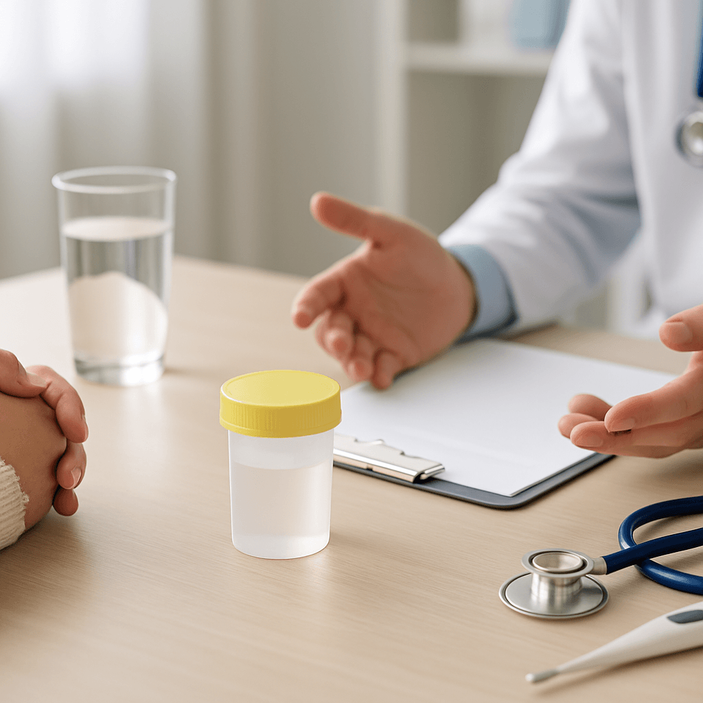 Consultation médicale autour d’un échantillon urinaire neutre et d’un verre d’eau