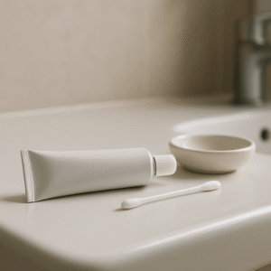 Tube de crème dermatologique neutre et coton-tige posés sur un lavabo propre