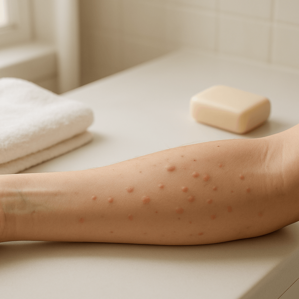 Avant-bras présentant quelques petites rougeurs dans une salle de bains lumineuse